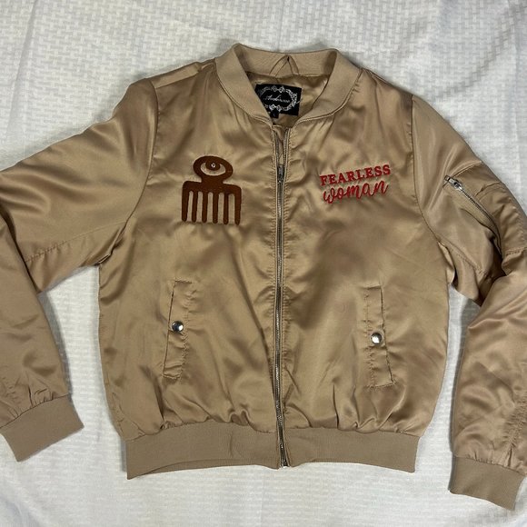 Upcycled Satin Puff Embroidered Bomber Jacket "Fearless Woman" M/L - Picture 3 of 8